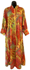 Vtg Hostess Lounge Dress Caftan Orange Pink Psychedelic Peacocks Hippy Mod