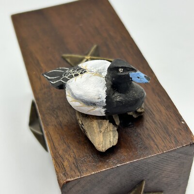 Carved Greater Scaup Duck Handpainted Drift Wood Blue Billed Signed Small 1.75''