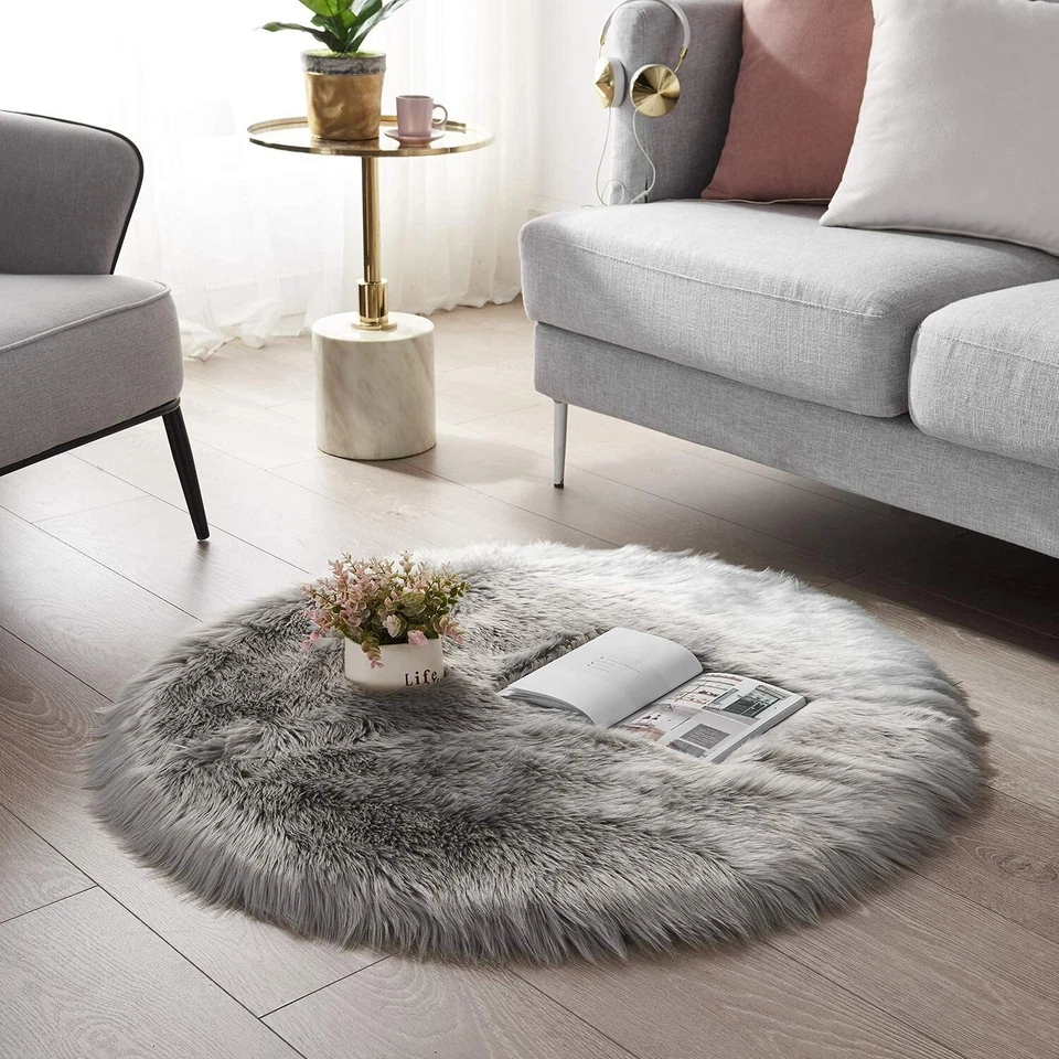 Faux Fur Sheepskin Fluffy Area Rugs Round Shaggy Carpet For Bedroom Living room - Image 2 of 4