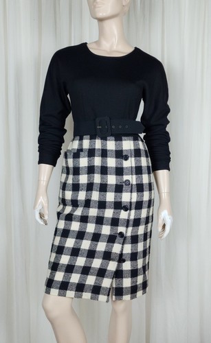 Valentino Boutique / Miss V, Vtg 80s Valentino Miss V wool check dress M/8 Black White
