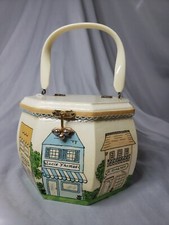 Vintage Decoupage Wood Octagon Box Purse Lucite Handle Village Market Town Scene
