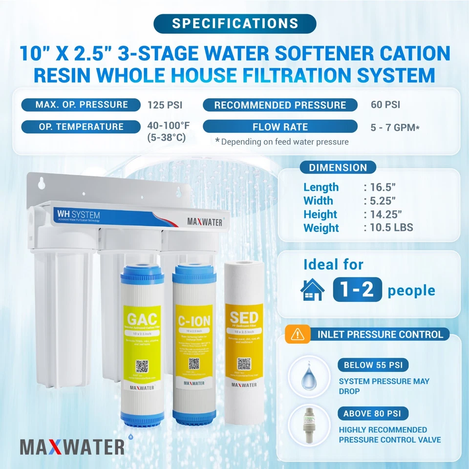 3 Stage 10" Whole house water Softening Filter, softener, reduce remove hardness - Image 2 of 4