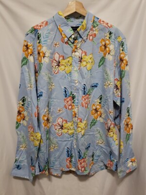 Club Room Button Down Shirt Men XL 17-17 1/2 Blue Floral Long Sleeve Slim Fit