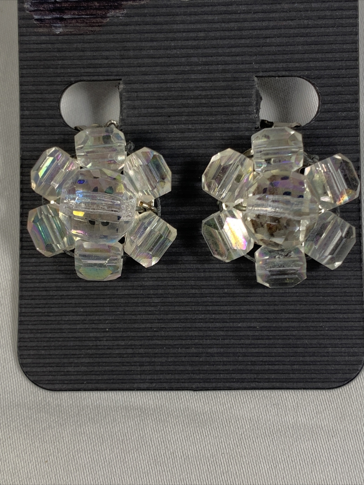 VTG Aurora Borealis Clear Plastic ClipOn Earrings Gem