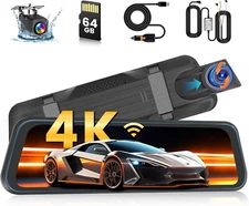 Hikity 4K+1080P Mirror Dash Cam with Backup Camera 9.66" with 64G Memory Card