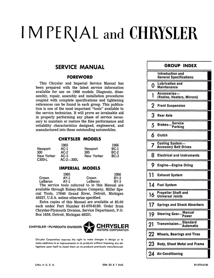 Chrysler Imperial 1966 manual de servicio Foto 2 de 2