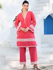 Indian Co-ord Set ; Women Pink/ Blue Lace work Solid Rayon Kurta Trouser Set