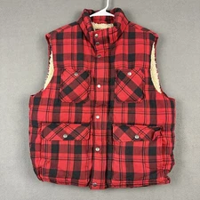 Gap Gilet Vest Mens Large Red Buffalo Plaid Sherpa Lined Full Zip Snap Pockets
