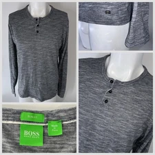 Hugo Boss Green Label Henley T-Shirt Men L Gray Long Sleeves Slim Peru YGI T5-95
