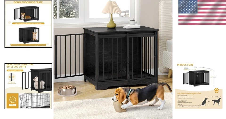 Dog Crate Wooden Furniture 31.9 Inches Barn Door Chewproof Escape-Proof - Image 2 of 4