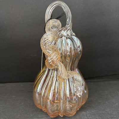 Art Glass Pumpkin Tall Gourd Squash Autumn Amber Transparent Curly Stem 9'' NWT