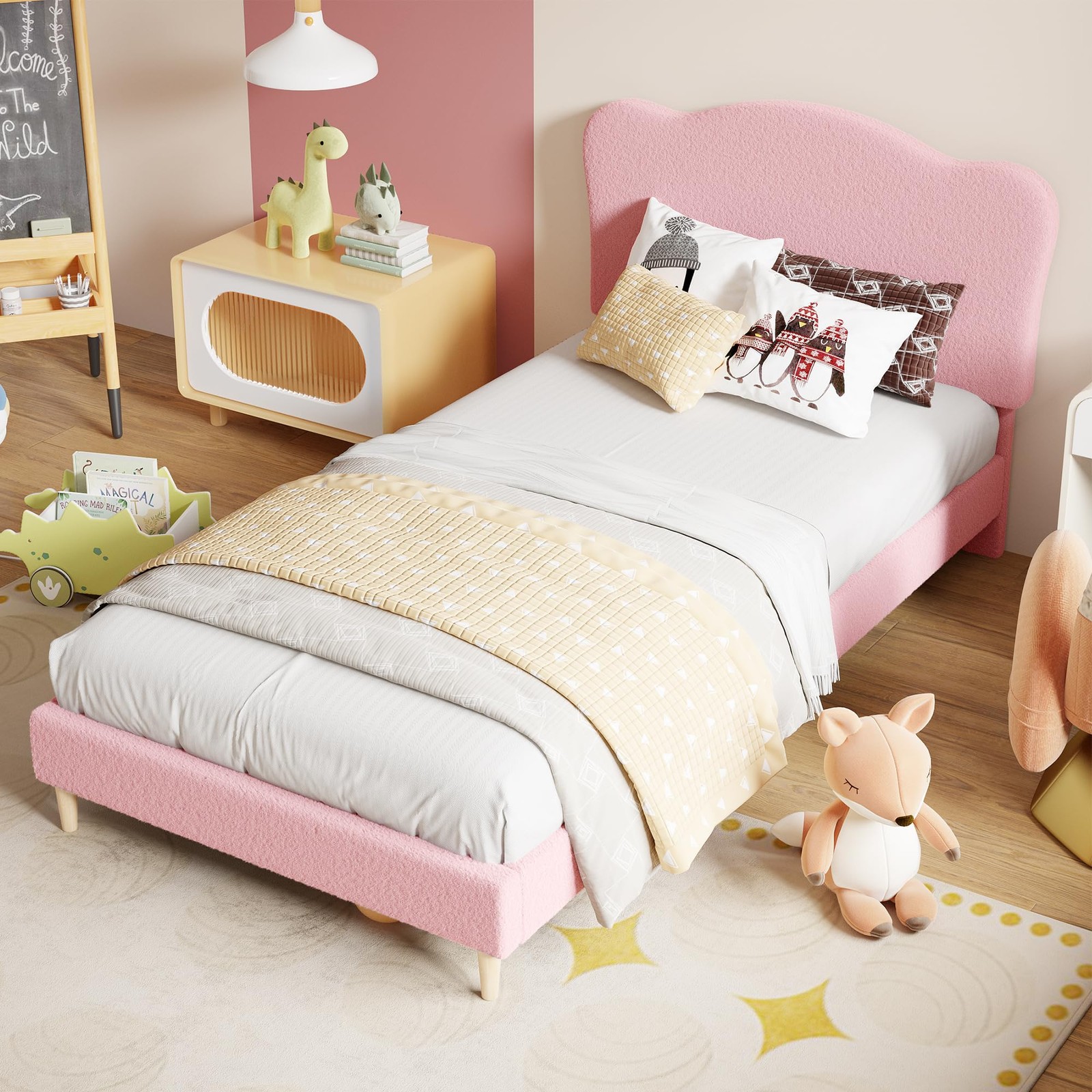 For Kids Girls, Upholstered Headboard Platform Bed Frame New