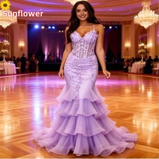 Elegant Lilac Mermaid Prom Dresses Spaghetti Straps Tiered Ruffles Evening Gowns