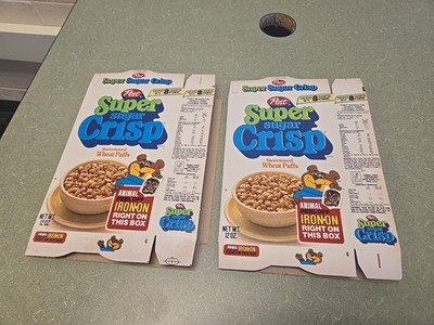 2 1970's Post Super Sugar Crisp Cereal Boxes with Animal Iron-Ons