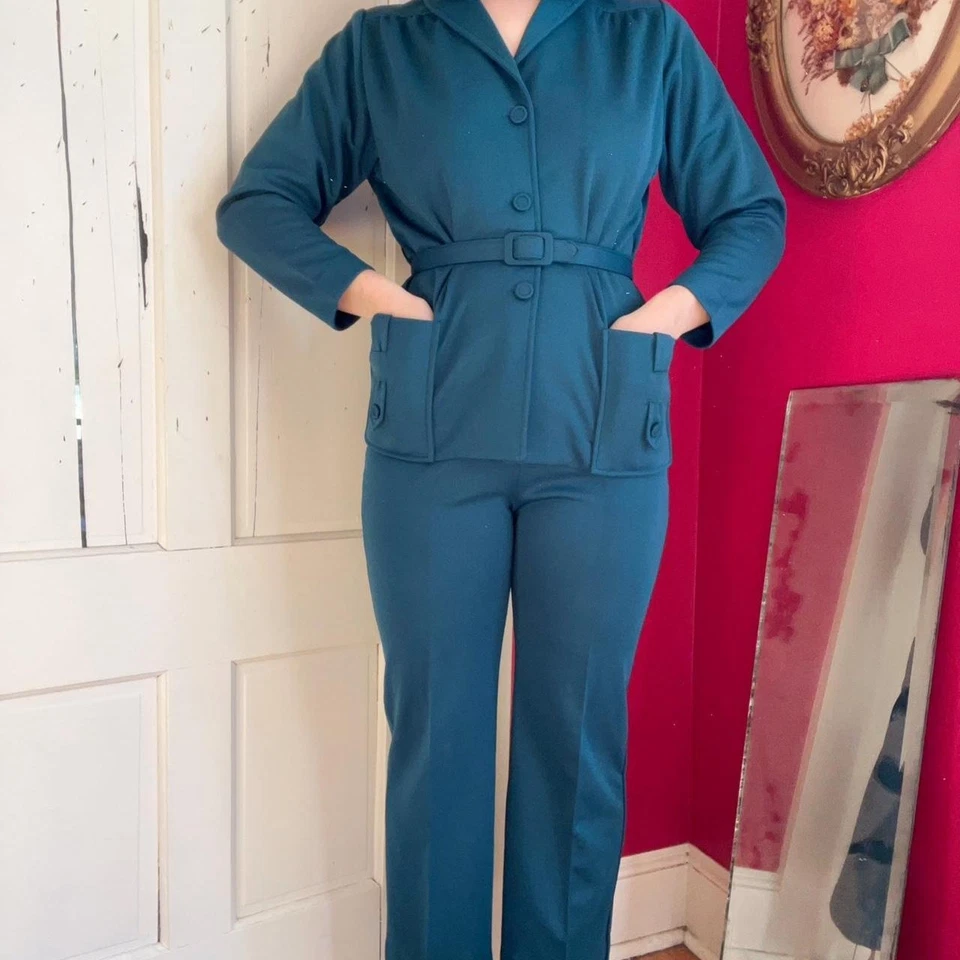 Vintage 1970s That Girl Emerald Green Mod Monochrome Pants Suit Set Size XS/S - Image 4 of 4