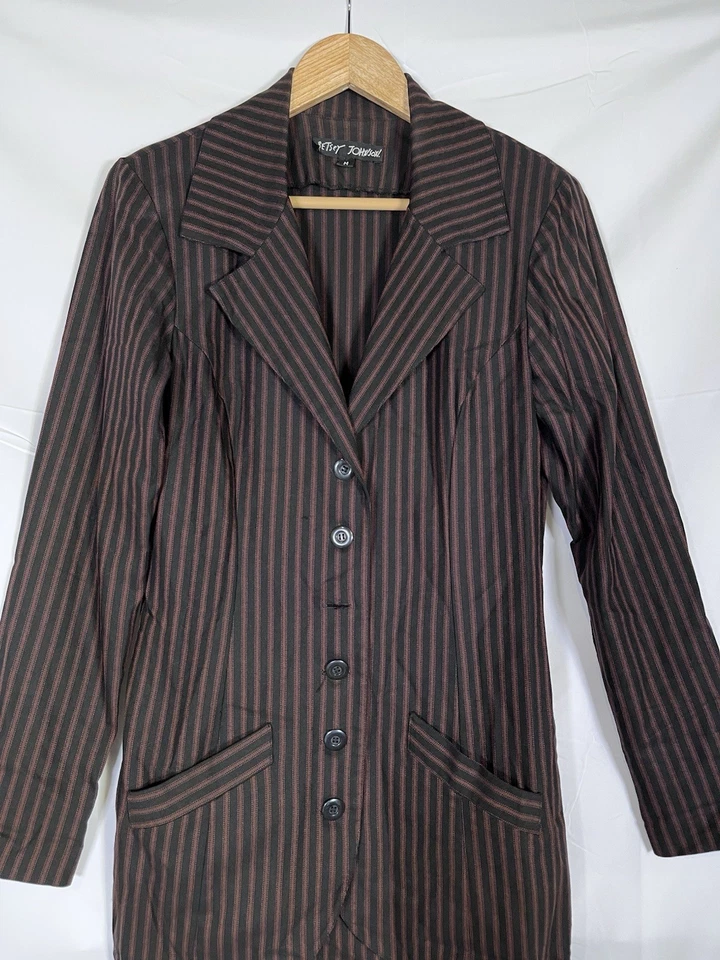 Vgt Betsey Johnson Y2K/90 年代经典条纹轻便长款西装夹克 Pads 罕见 — 第 2/4 张图片