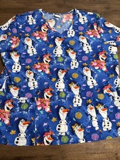 Disney Scrub Top Womens 2XL Blue Frozen II Olaf V-Neck Plus Size Medical Nursing