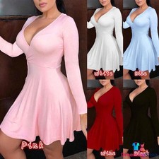 Women Sexy Mini Dress Long Sleeve Deep V-Neck Bodycon Swing Party Skater