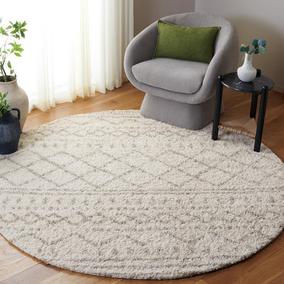 Arizona Shag 9' Round Area Rug - Ivory & Beige Moroccan Boho Design