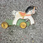 Vintage Wooden Horse Pull Toy on Wheels Painted Green Base White Horse — photo 2