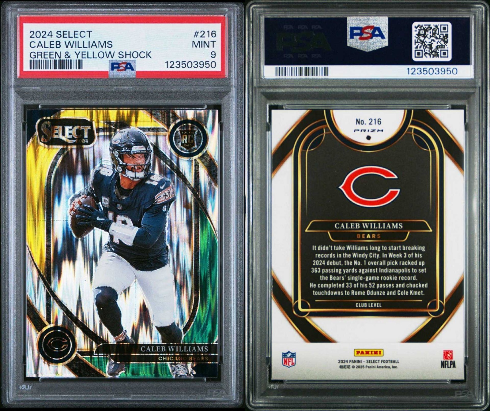 Caleb Williams RC, Club-Green & Yellow Shock #216 - 2024 Panini Select - PSA 9