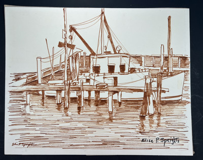Vtg Fishing Boat Docked In Harbor Drawing 11x14  Folk Art Ink Sketch