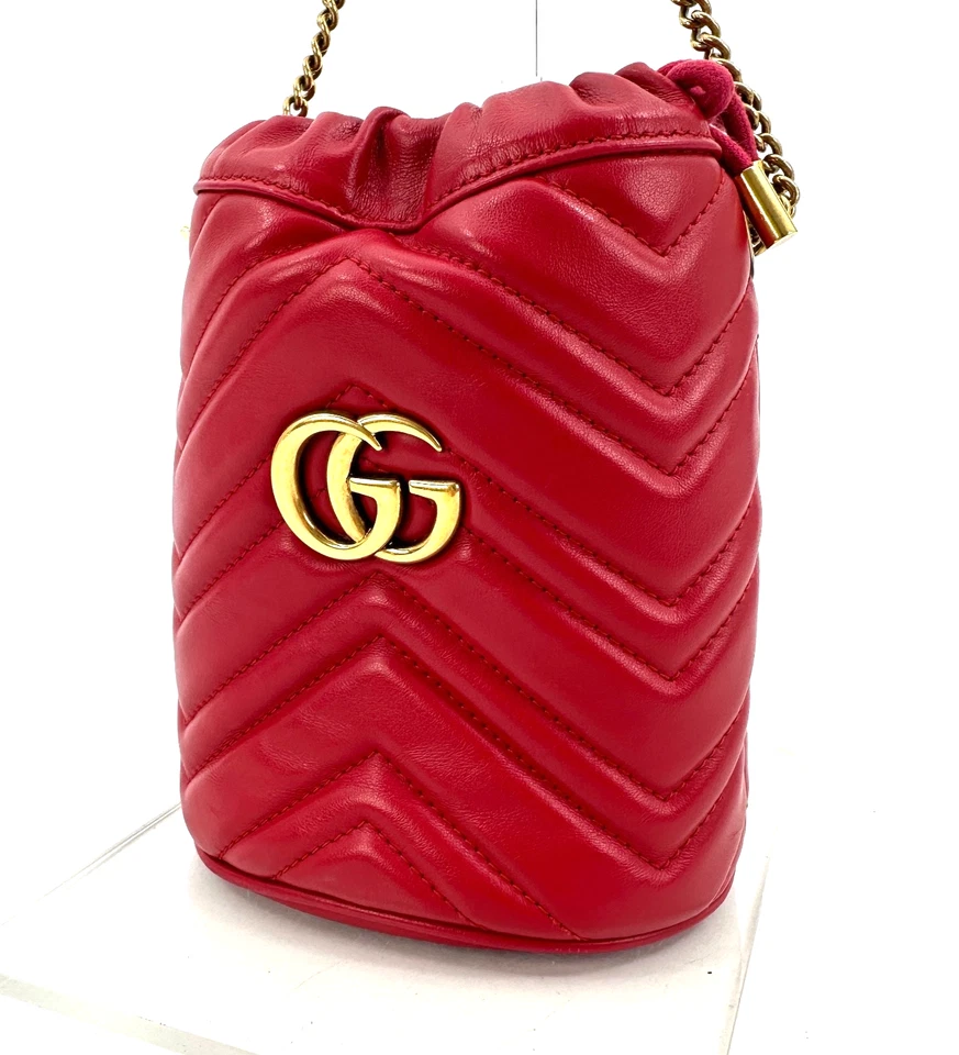 GUCCI Drawstring Chain Bag Marmont Red Leather Mini Shoulder Purse Authentic - Image 2 of 4
