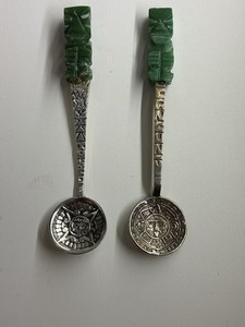 Sterling Silver & Green Jade Mexican Aztec Souvenir Spoons - 14 Grams - 2 Spoons