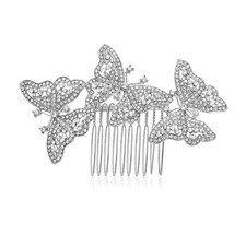 Austrian Crystal Bridal 3 Butterfly Insect Animal Hair Comb Clear Silver-Tone