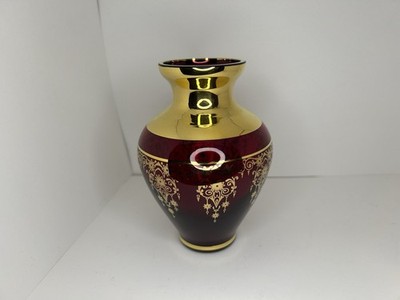 Vecchia Murano Ferro and Lazzarini Ruby Red Glass 22k Gold Leaf Vase Italy Glass