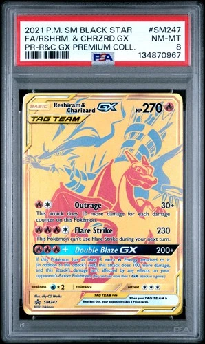2021 POKEMON SM BLACK STAR PROMO #SM247 FULL ART/RESHIRAM & CHARIZARD GX PSA 8