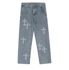 Men’s High Street Cross Patch Light Denim Washed Jeans SZ L Waist 30” Inseam 26”