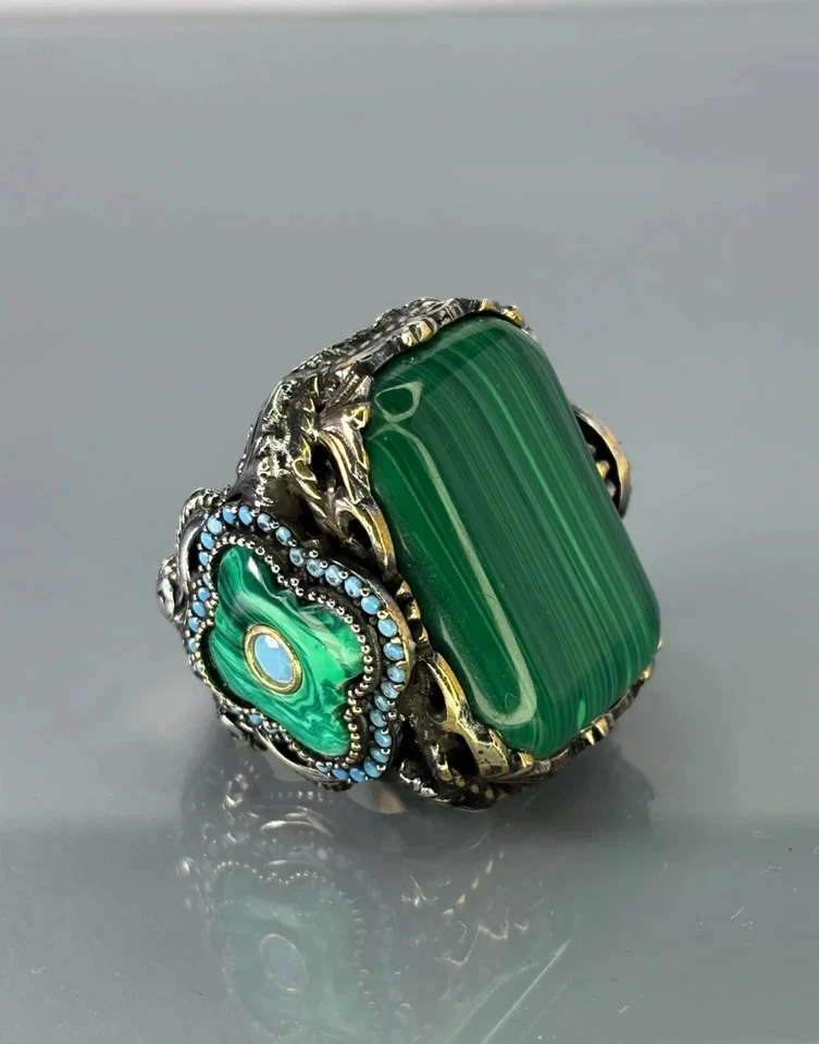 Мужское кольцо из стерлингового серебра 925 пробы с зеленым малахитом винтажное кольцо с драгоценным камнем ручной работы - Изображение 2 из 4