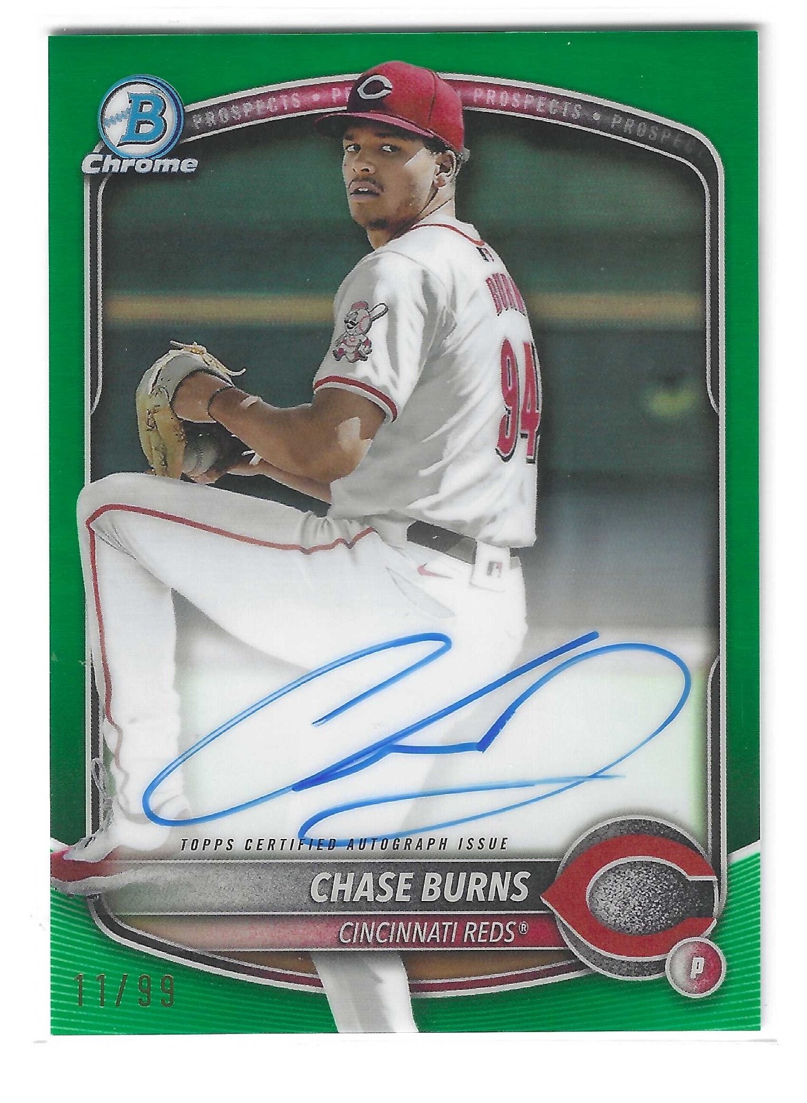 2025 Bowman Chrome Chase Burns #CPA-CB Green Refractor Prospect Auto RC /99 SP