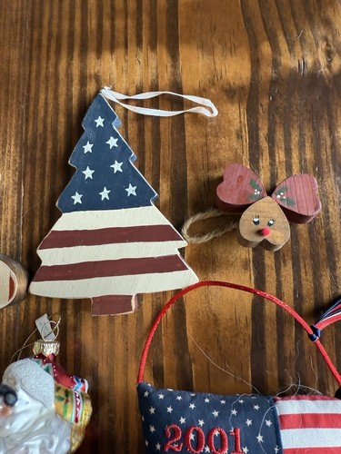 Primitive Patriotic Christmas Decor 12 Vintage Rustic Ornaments Wood Glass Decor - Picture 3 of 7