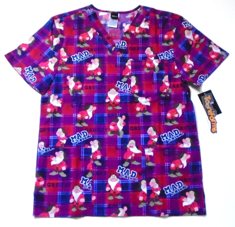 NWT Disney Grumpy Tooniforms Cherokee Scrubs V Neck Plaid Mad Skills Mens Medium - Image 2 of 4