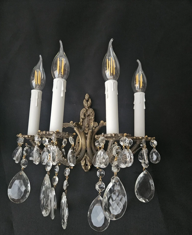 Vintage Antique Pair Brass Crystal 4 Light Sconces Wall Lights Wall Lamps - Image 4 of 4