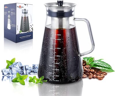 Airtight Cold Brew Coffee Iced Tea Maker 51oz/1.5L BPA-Free Durable Borosilic...