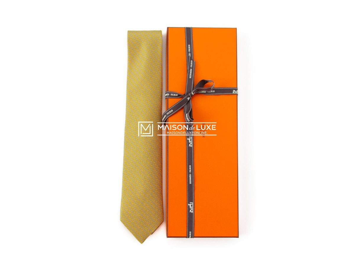 NEW HERMES 100% SILK CRAVATE TWILL TIE 8 JAUNE / GRIS