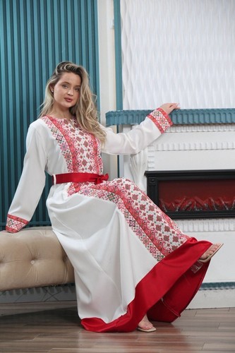 Palästinensische bestickte Thobe Tatreez lange Ärmel mit Satin-Details für Damen - Bild 8 von 14