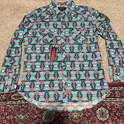 New Rock & Roll Denim Aztec Western Shirt XL Multicolor Modern Fit Pearl Snap
