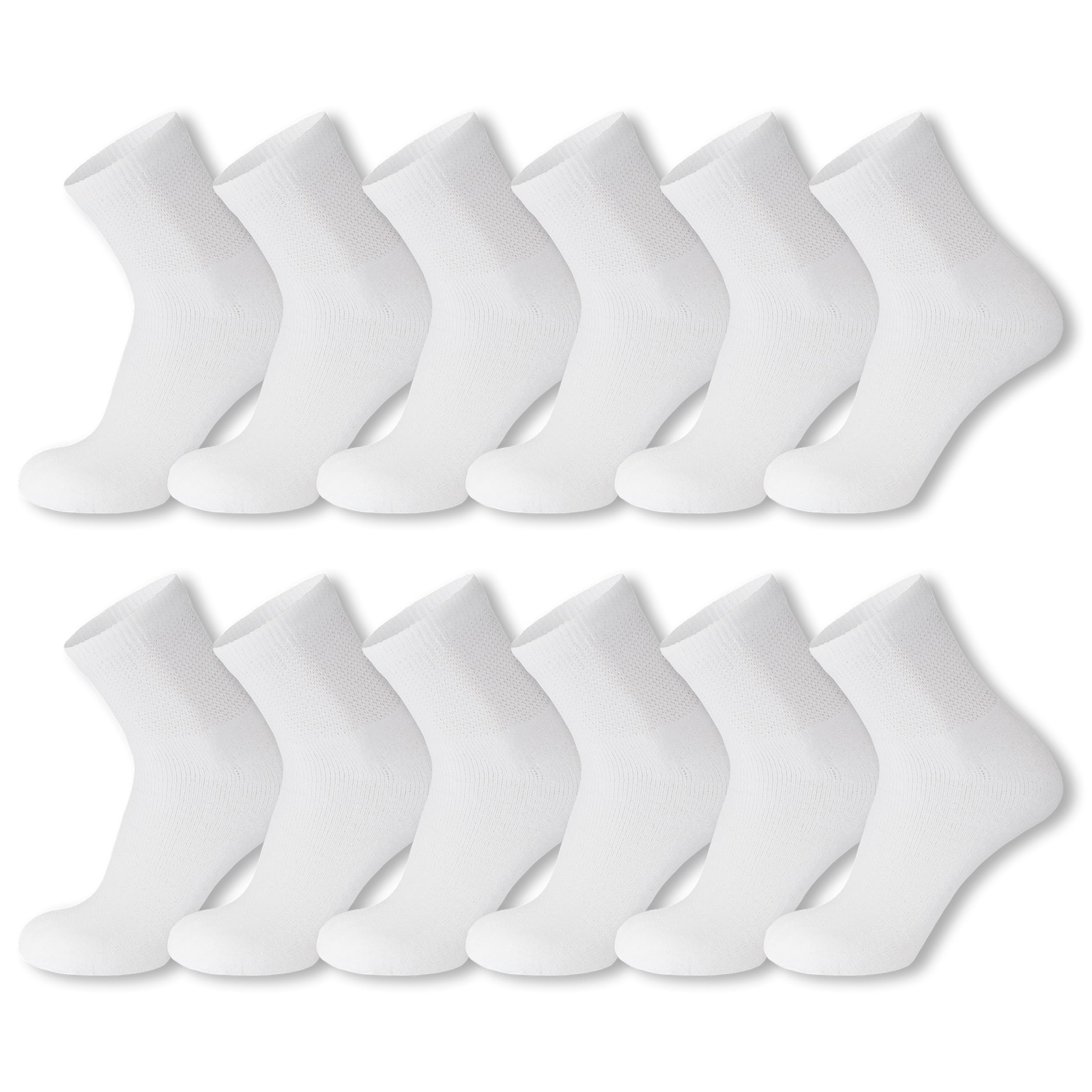 12 Pack of Diabetic Cotton Quarter Length Athletic Sport Ankle Socks White 10-13