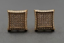 14K Solid Yellow Gold 9.5MM Iced CZ Square Men Women Stud Earrings.