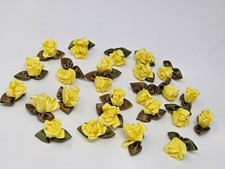 25 pcs Yellow Satin Loop Ribbon Roses Flowers Rose Head Leaves Sewing Applique