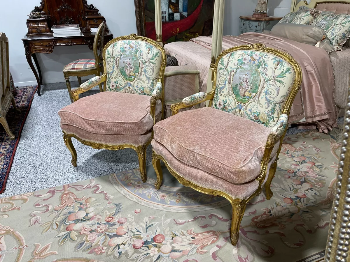 Gorgeous Pair of Louis XVI Antique French Bergeres Gilt & Upholstered Arm  Chairs