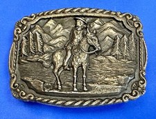 Western Cowboy On Horse In Nature Vintage Belt Buckle With Rope Border
