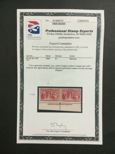 MOMEN: US STAMPS #241 $1 COLUMBIAN MINT OG NH IMPRINT MARGIN PSE CERT LOT #87989 - Picture 3 of 3