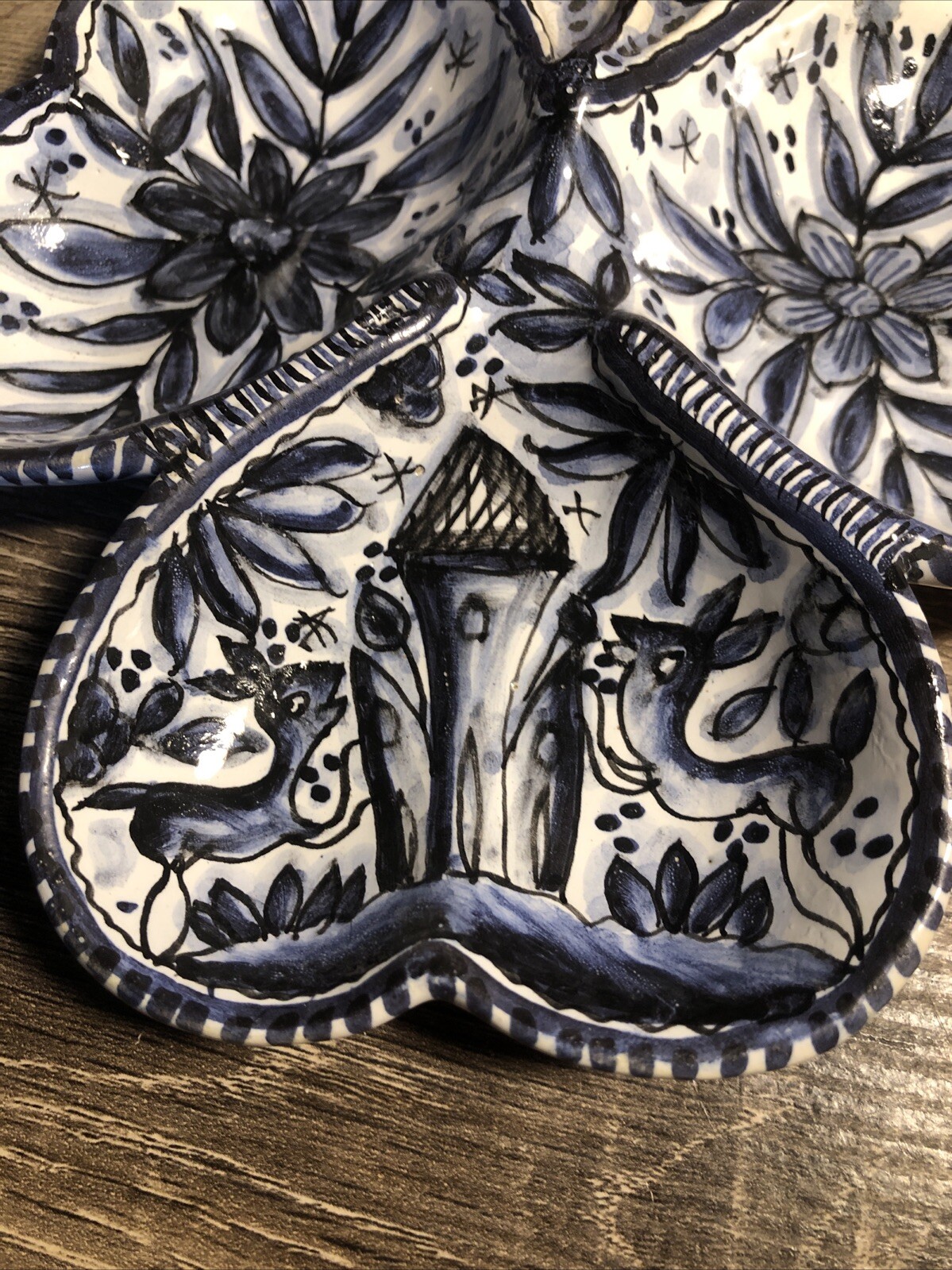 Coimbra Ceramica Portugal Clover Blue White Trinket Dish Vintage Signed Rare B9