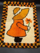 Vintage Complete Holly Hobbie Vintage Girl Flower Latch Hook Rug Orange Brown