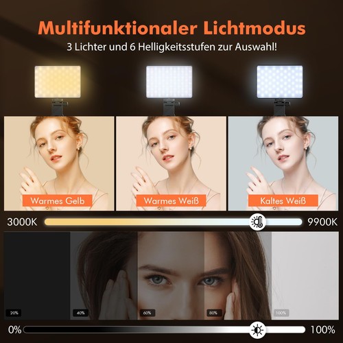 Selfie Licht, 72 LED Videolicht Mit Clip, 3000-9900K 3 Lichtmodi, 1500 mAh Akku - Bild 7 von 15